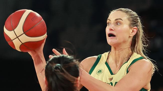 MELBOURNE, AUSTRALIA - JULY 03: Alice Kunek of the Australian Opals passes during the game between Australia Opals and China at John Cain Arena on July 03, 2024 in Melbourne, Australia. (Photo by Kelly Defina/Getty Images)