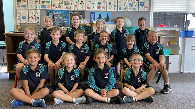 Dalby Christian College, Year 1 2022. Back row (L-R) Lily, Angelina, Sienna, Denver, Alex. Middle (L-R) Carlea, Harvey, Fletcher, Claire, Zachary, Mitchell. Front row (L-R) Liam, Lacey, Reidyn, Blayze. Picture: Emily Devon.