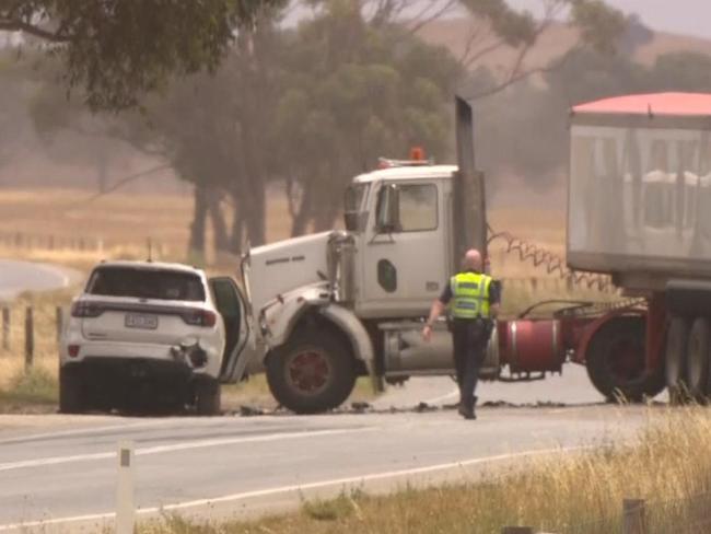 A man and a woman have been injured after a car and a truck collided on the Horrocks Highway, at Tarlee, on December 6, 2024, about 9.30am. Picture: 7NEWS