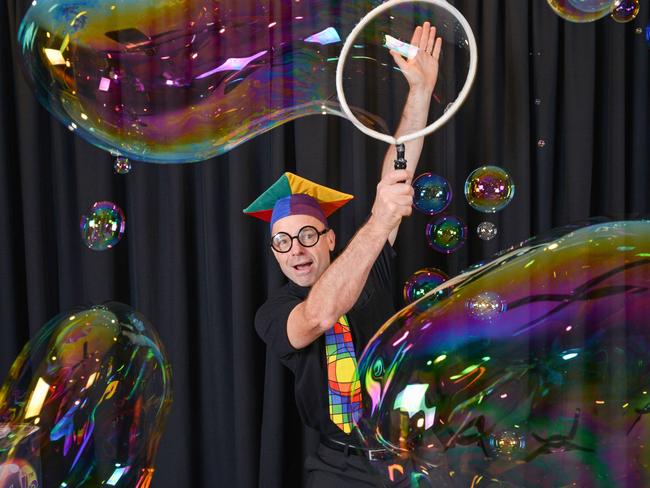 Graeme Denton (aka Marty McBubble) in his makeshift home studio performing The Scientific Bubble Show for an online audience, March 30, 2020. (Photo: AAP/Brenton Edwards)