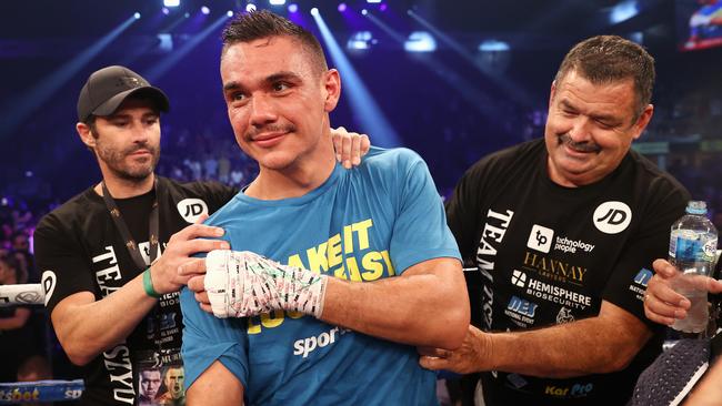 Tim Tszyu celebrates after his defeat of Hogan Picture: Getty Images