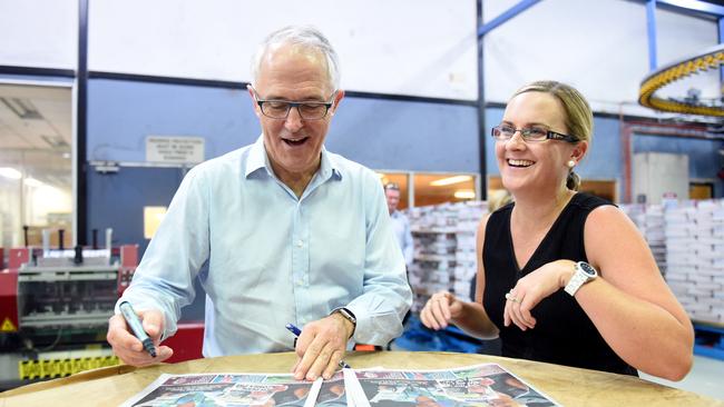 Prime Minister Malcolm Turnbull and NT News editor Rachel Hancock in the NT News printing press.