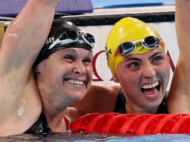 NANTERRE, FRANCE - SEPTEMBER 04: Christie Raleigh-Crossley of Team United States celebrates with Alexa Leary of Team Australia  on day seven of the Paris 2024 Summer Paralympic Games at Paris La Defense Arena on September 04, 2024 in Nanterre, France. (Photo by Sean M. Haffey/Getty Images)