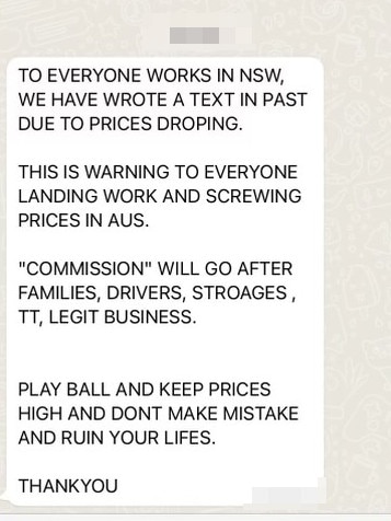 The "Commission" heads sent a TXT message to crime figures in Sydney saying to keep the prices of cocaine high or they would come after their families.