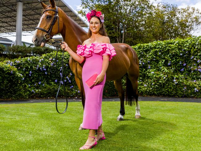 ##MUST HOLD COURIER MAIL SEE PICED## Taylah Mackinnon and Nathan Kendrick at Sunshine Coast Turf Club (Styled by Unseen Styling. Nathan in Politix, David Jones Sunshine Plaza. Taylah in Aje dress and bag, Steve Madden shoes, David Jones Sunshine Plaza, Ford Millinery headwear), SUNSHINE COAST TURF CLUB -  Picture: GaziPhoto