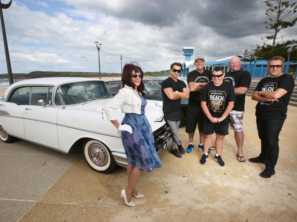 Andrea Handford with other muscle car owners at Maroubra beach prior to the first Maroubra Beach Hop Charity Car Show last year. Picture: Bob Barker