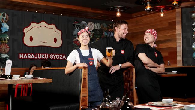 Southbank manager Ivy Lin, executive chef Matt Fosker and Gold Coast head chef Yoshiki Sadahisa at Harajuku Gyoza. Picture: Tara Croser