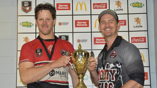 Litchfield Bears captain Luke Mahood and coach Jake Barnes with the 2019 NRL NT premiership trophy after their triumph over Palmerston in the grand final. Picture: SUPPLIED