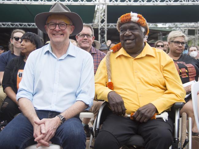 Prime Minister Anthony Albanese with Yothu Yindi Foundation Chair Galarrwuy Yunupingu the Garma Festival in 2022. Picture: Aaron Bunch