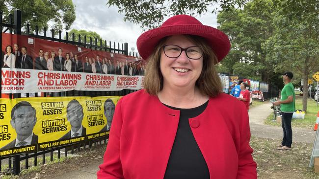 Parramatta Labor candidate Donna Davis outside the Rosehill Public School polling booth.