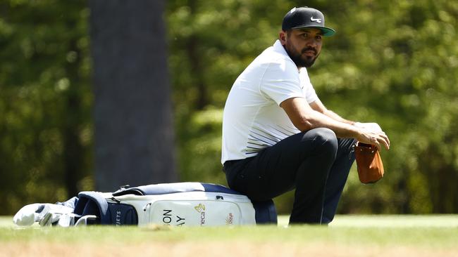 AUGUSTA, GEORGIA - APRIL 06: Jason Day of Australia sits on his bag during a practice round prior to the Masters at Augusta National Golf Club on April 06, 2021 in Augusta, Georgia. (Photo by Jared C. Tilton/Getty Images)