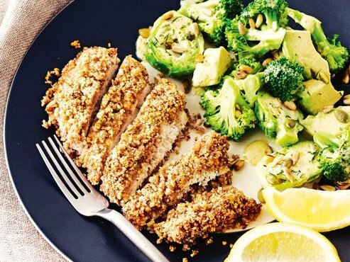 Paleo almond, pecan and coconut crumbed chicken.