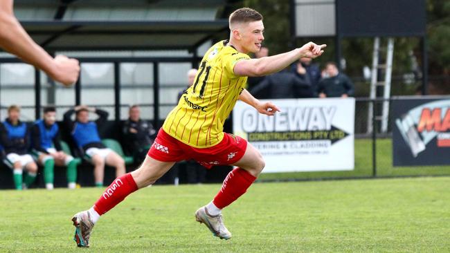 Josh Whiteley celebrates a goal for Caroline Springs George Cross. Picture: Matt Morden