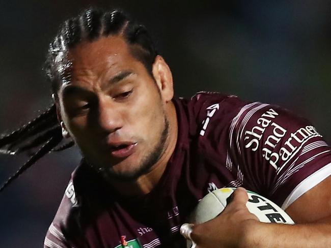 SYDNEY, AUSTRALIA - MAY 31:  Martin Taupau of the Sea Eagles is tackled during the round 13 NRL match between the Manly Sea Eagles and the North Queensland Cowboys at Lottoland on May 31, 2018 in Sydney, Australia.  (Photo by Matt King/Getty Images)