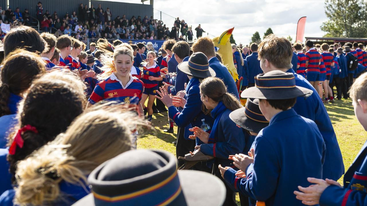 Downlands run on to the field to take on Glennie in rugby sevens Selena Worsley Shield on Grammar Downlands Day at Downlands College, Saturday, August 6, 2022. Picture: Kevin Farmer