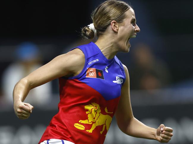 Greta Bodey celebrates kicking a goal for Brisbane against Hawthorn. Picture: Darrian Traynor / Getty Images