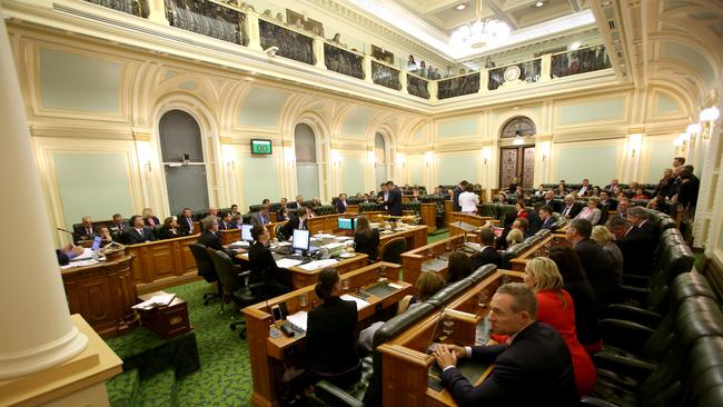 Queensland MPs during the abortion vote at Parliament House. (AAP Image/Steve Pohlner)