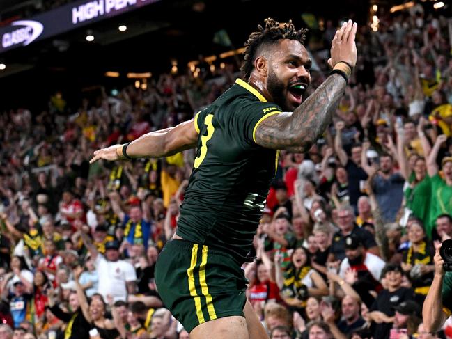 Tabuai-Fidow played centre for the Kangaroos, but has been training exclusively at fullback for the Dolphins. Picture: Bradley Kanaris/Getty Images