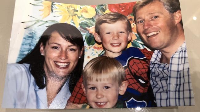 Retro picture of Sally Capp, and sons Will, 2, Nic, 4, and husband Andrew. 