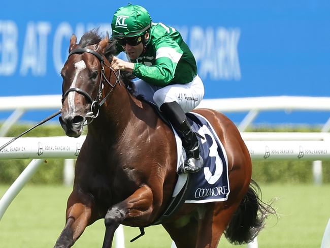 SYDNEY, AUSTRALIA - FEBRUARY 15: Adam Hyeronimus  riding Shaggy  win Race 3 Pierro Plate during Sydney Racing at Royal Randwick Racecourse on February 15, 2025 in Sydney, Australia. (Photo by Jeremy Ng/Getty Images)