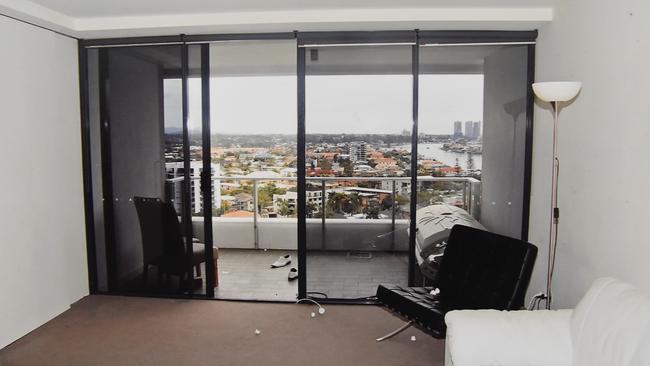 A police photograph of Gable Tostee's 14th floor Surfers Paradise apartment. Picture: Queensland Supreme Court