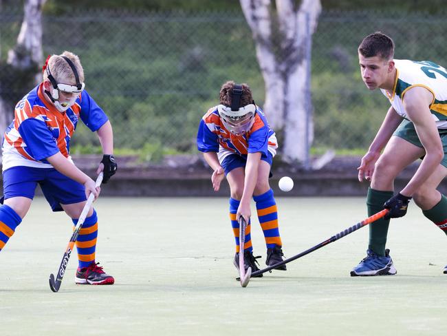 Hockey at the Essendon Hockey Centre this morning. Under 13 Boys Albury Wodonga v East Gippsland.Picture by Wayne Taylor 15th May 2021