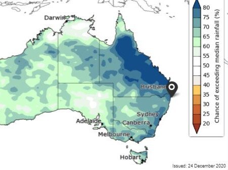 Map showing the chances of exceeding the median rainfall in the region. (CREDIT: Bureau of Meteorology)