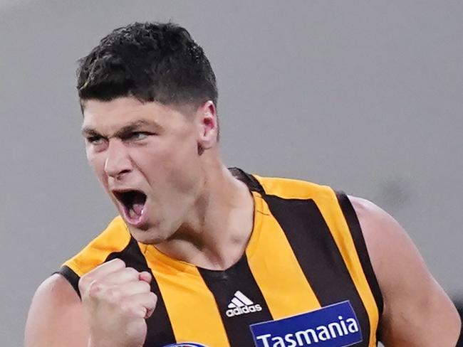 Jonathon Patton of the Hawks celebrates a goal during the Round 3 AFL Match between the Richmond Tigers and the Hawthorn Hawks at the MCG in Melbourne, Thursday, June 18, 2020. (AAP Image/Michael Dodge) NO ARCHIVING, EDITORIAL USE ONLY