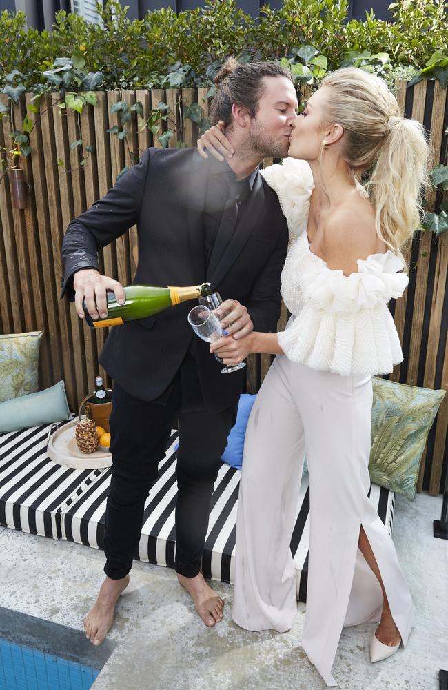 Josh Barker and Elyse Knowles celebrate following the finale of The Block. Picture: Channel Nine.