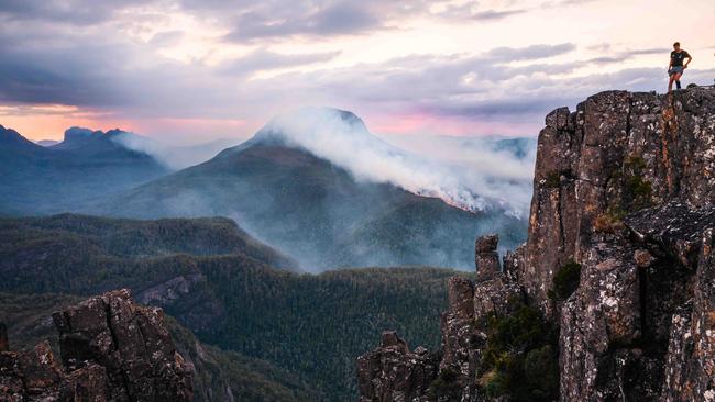 View from the summit of Mt Oakleigh showing the southern fire front on the flanks of Pelion West. The bushfire has now impacted the Overland Track in the Cradle Mountain-Lake St Clair National Park. Picture: Shaun Mittwollen