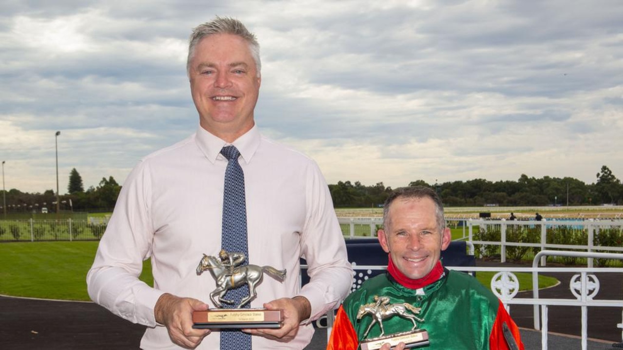 Trainer Simon Miller and jockey Patrick Carbery. Picture: Western Racepix