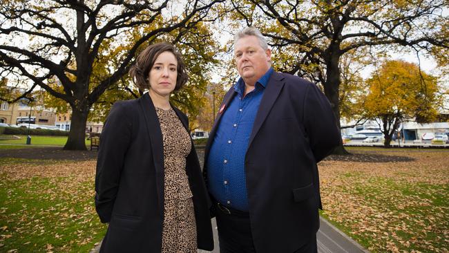 Thirza White and Tom Lynch from the Community and Public Sector Union after the 2019 State Budget was handed down. Picture: RICHARD JUPE