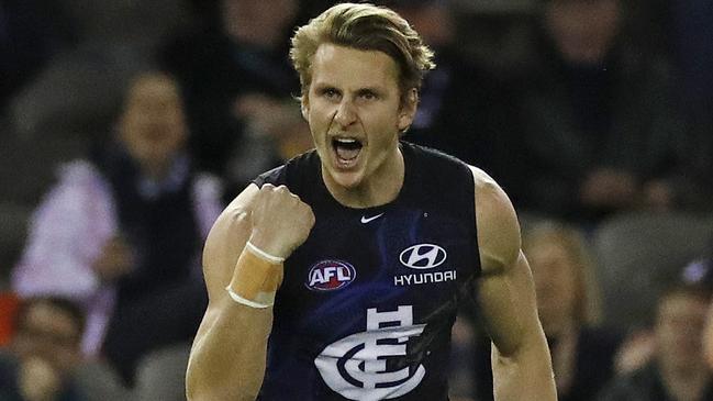 Daniel Gorringe celebrates a goal while playing for Carlton. Picture: George Salpigtidis