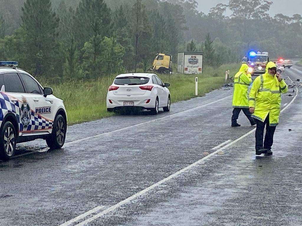 A person has died in a truck and vehicle crash on the Sunshine Coast which has shut down a major intersection just west of the Bruce Highway. Picture: Patrick Woods