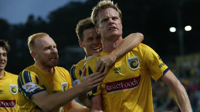Matt Simon slotted the two penalties that took the Mariners from a goal down with two minutes left to a dramatic win against Melbourne Victory. Picture: AAP