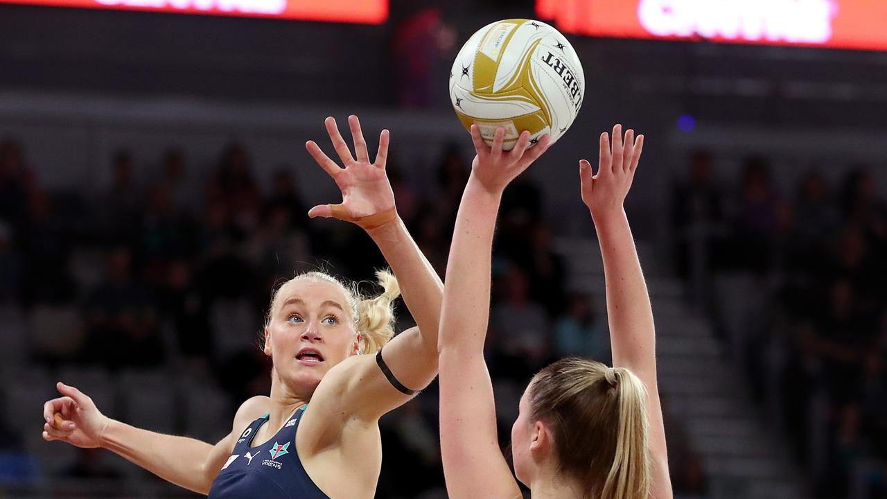 MELBOURNE, AUSTRALIA – JUNE 25: Jo Weston of the Vixens defends during the Super Netball Preliminary Final match between Melbourne Vixens and GWS Giants at John Cain Arena, on June 25, 2022, in Melbourne, Australia. (Photo by Kelly Defina/Getty Images)