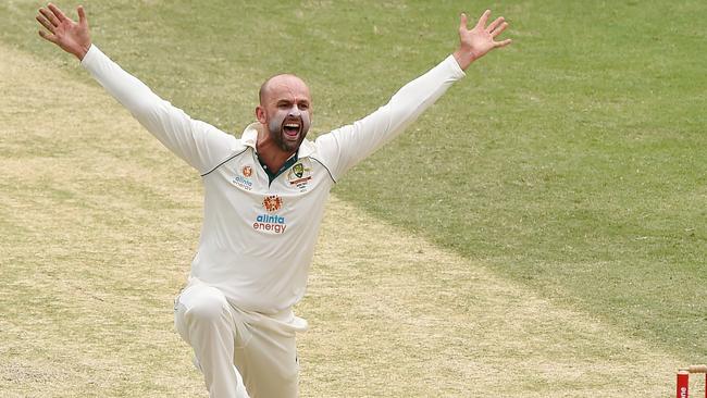 Nathan Lyon unsuccessfully appeals for a wicket during day five of the Test Match against India.