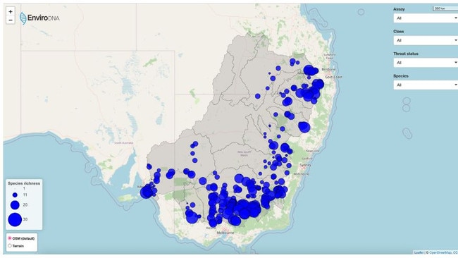 The map showing the DNA detected in 648 water samples collected by citizen scientists at 324 sites across the Murray Darling Basin, which identified 144 species.