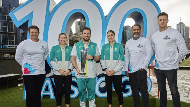 Shane Watson, Georgia Wareham, Aaron Finch, Tayla Vlaeminck, Waqar Younis and Morne Morkel at the T20 World Cup Trophy tour launch at Crown Riverwalk.