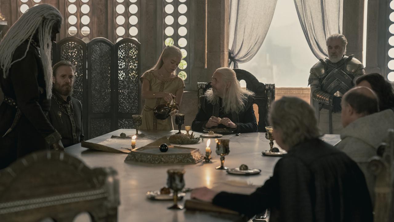 The Small Council meeting. Note that Rhaenyra is present as a cupbearer. Picture: HBO/Binge/Foxtel