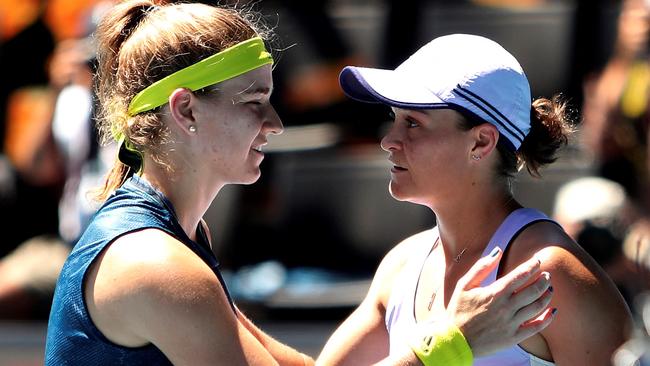 Ash Barty and Karolina Muchova at the net after the match. Picture: AFP Photo