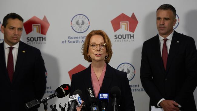 Education Minister Blair Boyer, former prime minister Julia Gillard and Premier Peter Malinauskas in August, 2023, release the final report of the Royal Commission into Early Childhood Education and Care, which Ms Gillard spearheaded. Picture: Brett Hartwig