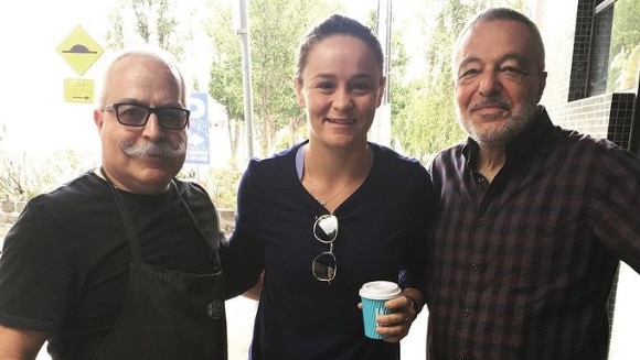 The Pound Cafe's Marino and Albert Francazio with Australian tennis superstar Ash Barty in January 2020. Picture: Supplied.