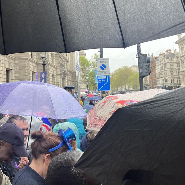 The umbrellas have gone up ahead of the coronation. Picture: Lexie Cartwright