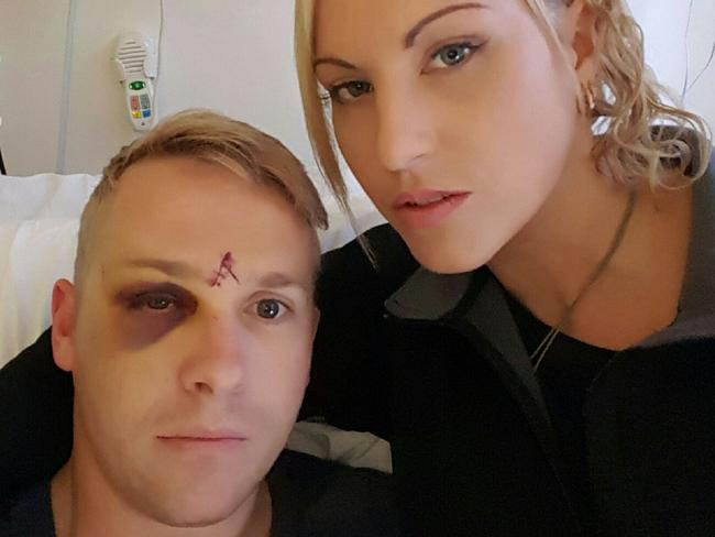 Senior Constable Daniel Yeoman was comforted in hospital by wife Shereen. Picture: Supplied