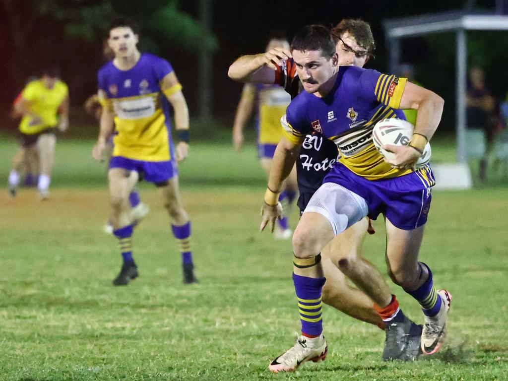 Roos' Daniel Woodhouse on the charge in the Far North Queensland Rugby League (FNQRL) Men's minor semi final match between the Atherton Roosters and the Cairns Kangaroos, held at Smithfield Sporting Complex. Picture: Brendan Radke