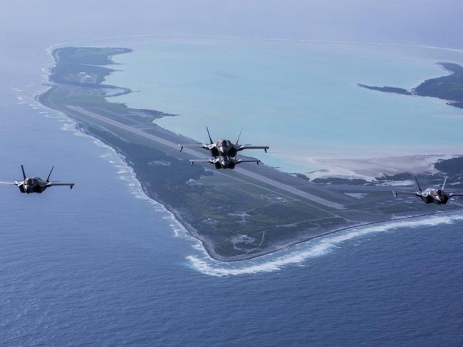 F-35B Lightning IIs with US Marine Fighter Attack Squadron 211 fly over Wake Island, one of a series of military bases retained after World War II. China wants its own ‘buffer zone’ of islands in the Pacific and Indian Ocean to protect its interests. Picture: US Marines