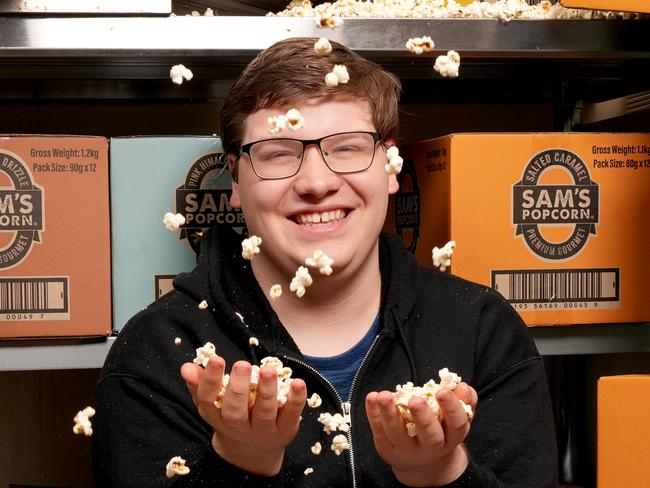 At 9 years old, Sam Weavers started his own popcorn business, Sam's Popcorn. Now at 17, his business has gone from strength to strength with his popcorn stocked in stores across SA. Sam has also raised thousands for cancer research. 16 November 2024. Picture Dean Martin