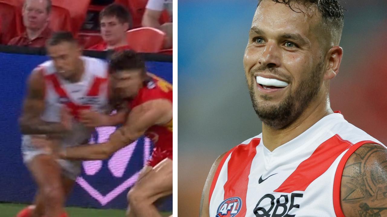 Lance Franklin could be in hot water for this bump on Sun Sam Collins.