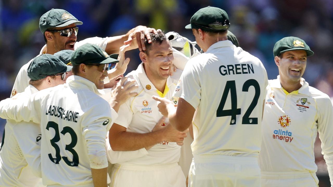 Scott Boland celebrates his sixth wicket of the innings against England in Melbourne last year. Picture: CA/Cricket Australia via Getty Images